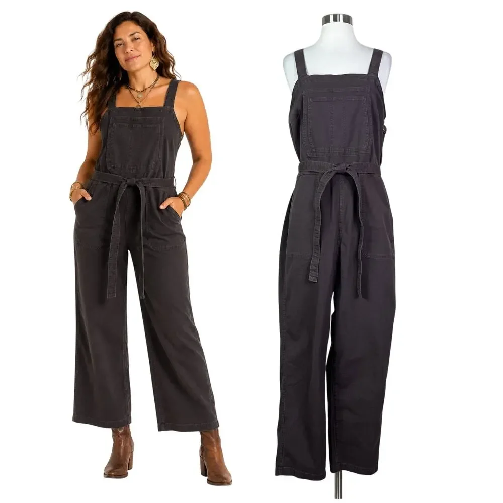 Duluth Trading | Brown Utility Square Tie Waist Wide Leg Overalls Jumpsuit 12